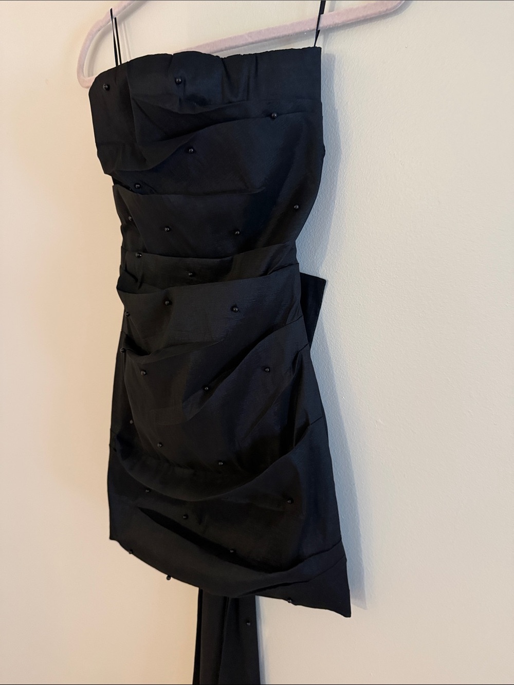 Black Strapless Evening Mini Dress with Draped Tail Homecoming